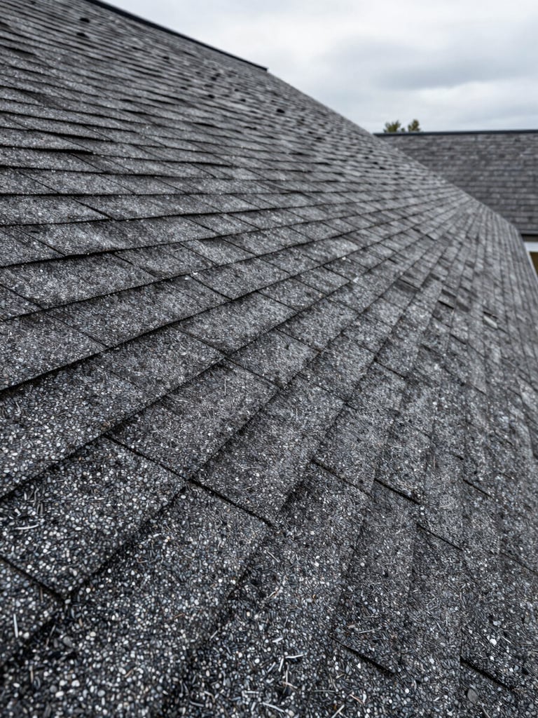 Close-up wide shot of aged asphalt shingles showing granule loss and wear patterns on a Midwest home roofline, right edge bleeding to canvas, overcast natural daylight, no humans, shallow depth showing texture detail in foreground