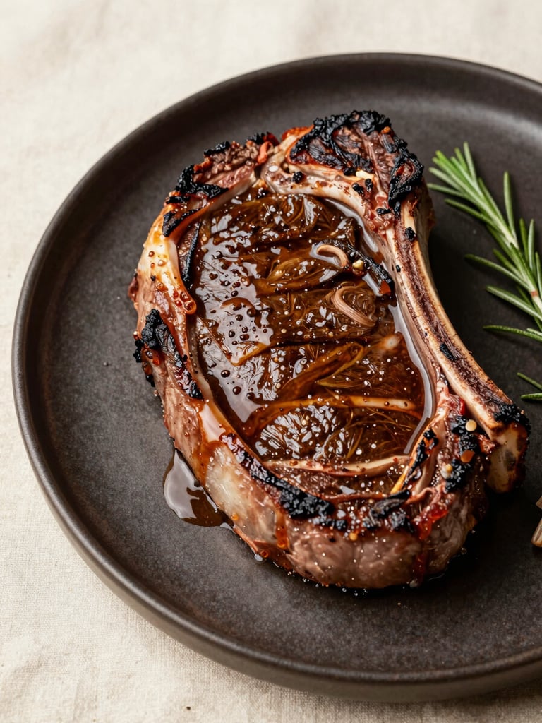 Close-up overhead of a plated dry-aged ribeye section on a dark ceramic plate, bone marrow jus pooled at the edge, bright directional studio lighting, herbs as accent, sharp focus on the cut and char, cream linen visible at frame edge