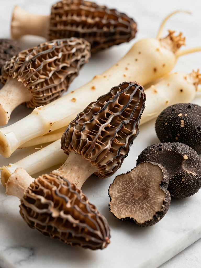 Extreme close-up of seasonal ingredients arranged on a marble surface — morel mushrooms, spring ramps, and fresh black truffle sliced in cross-section, bright studio daylight from the left, sharp focus on texture and cut detail, no garnish styling
