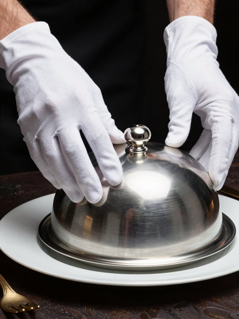 Extreme close-up of hands in white gloves lowering a silver cloche onto a pristine white plate at a formally set banquet table, studio directional lighting from above, crisp shadows, black background, gold service ware detail visible at frame edge
