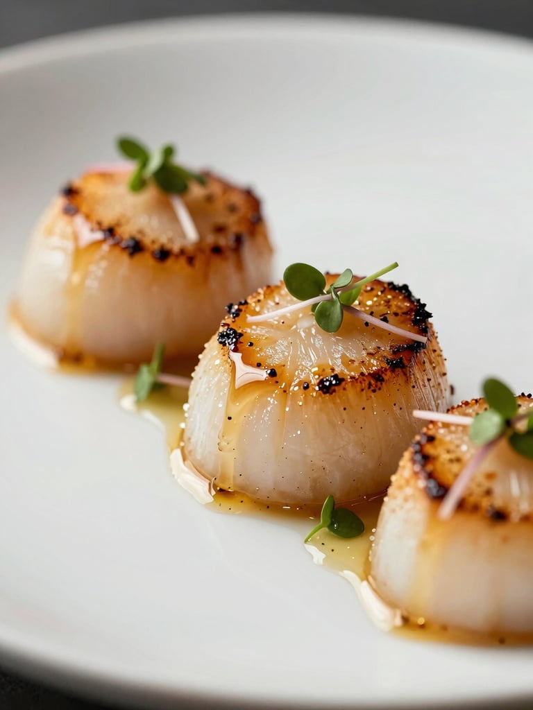 Extreme close-up of plated appetizers on a white ceramic dish, seared scallop with micro-herbs and a gold-toned reduction, studio strobe lighting from the upper left, sharp focus on texture and glaze, minimal background