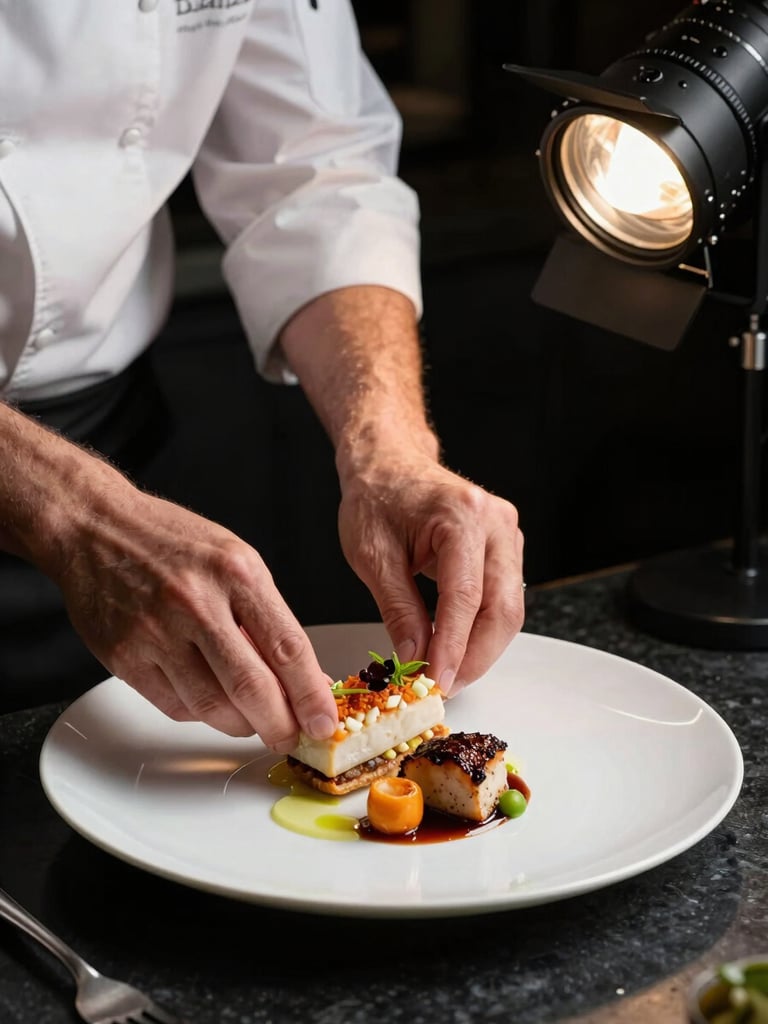 Tight portrait-orientation shot of a chef's hands pressing the edge of a perfectly plated wedding entrée into final position on a white charcoal-rimmed plate, black prep surface, single hard directional studio light from upper right, no face visible