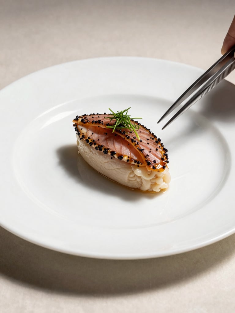 Extreme close-up of a precisely plated entrée on a white bone china plate, surgical studio lighting from upper left casting sharp shadows, garnish placed with tweezers visible at frame edge, cream linen surface beneath, no faces