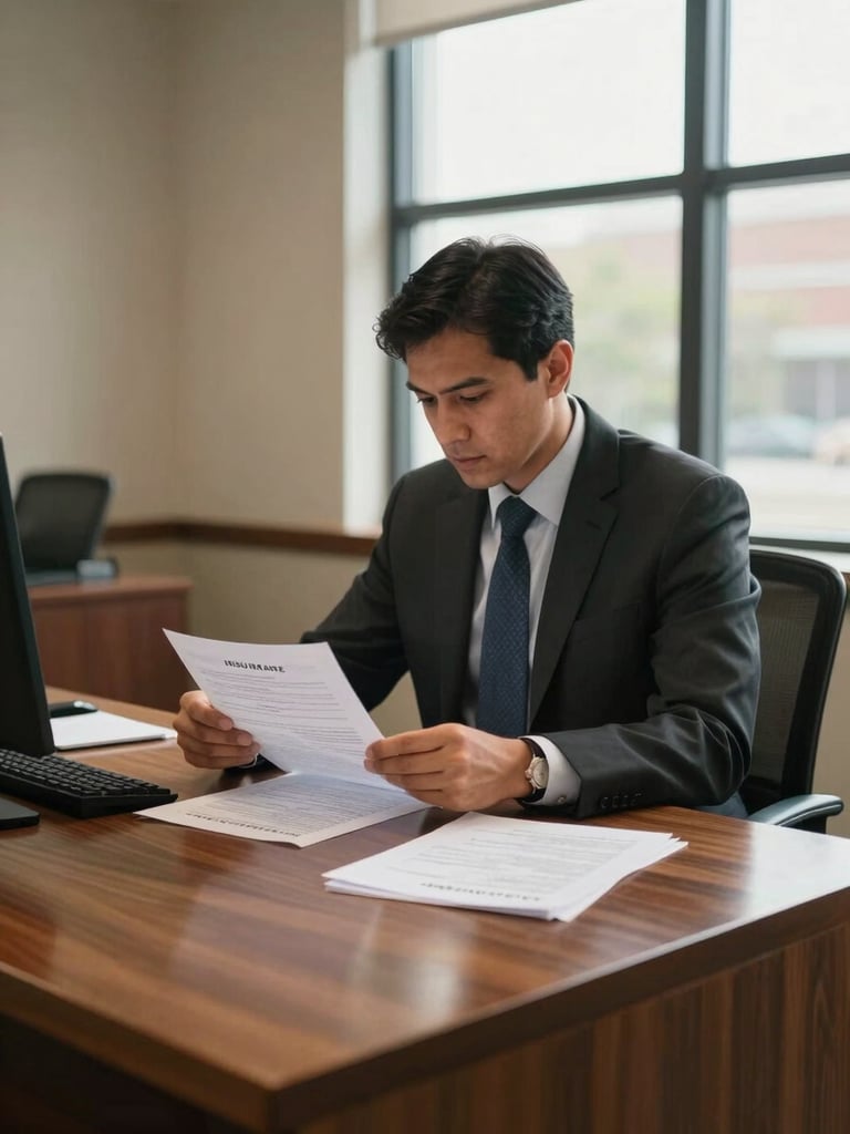 Insurance agent seated at a wooden desk reviewing paperwork, natural side-light from a large window illuminating the documents, Fayetteville office interior with warm neutral walls visible in the background, medium-wide shot showing the desk environment