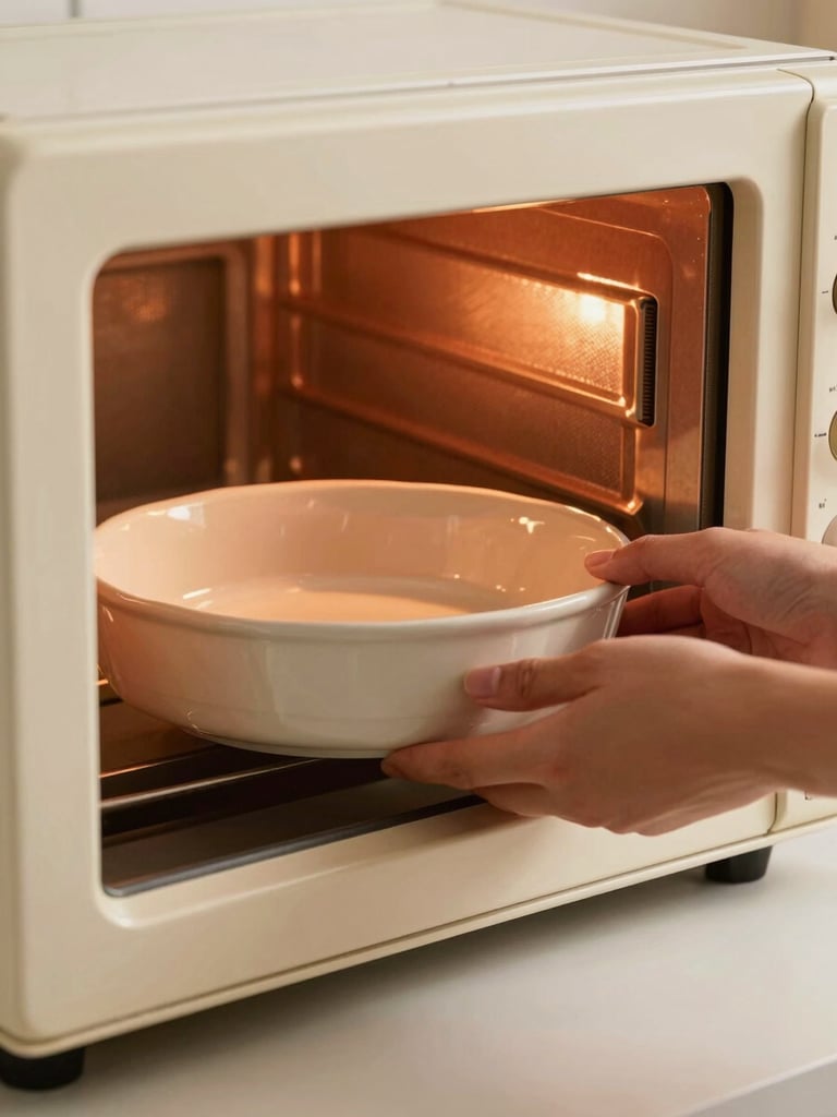 Hands sliding a ceramic baking dish into the glowing, brick-red interior of a minimalist cream microwave oven, dramatic side-light, 35mm