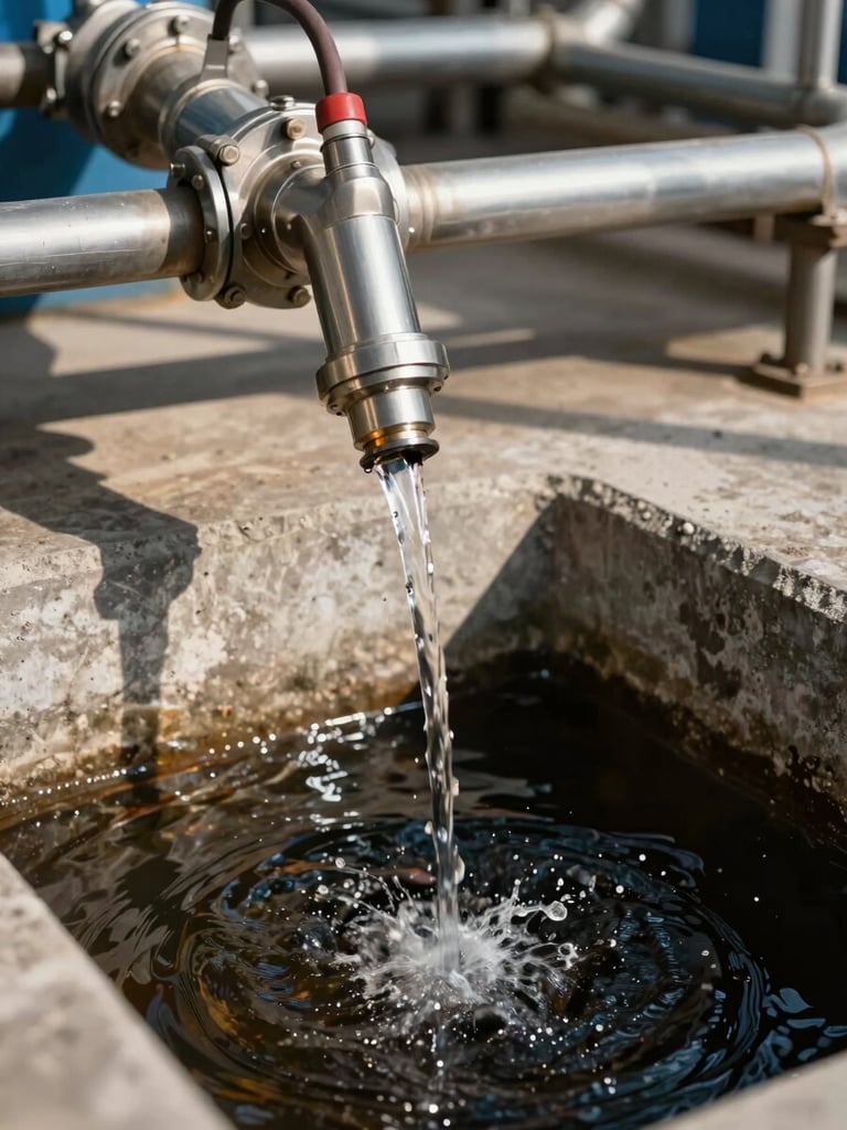 Close-up medium shot of a wastewater dosing line in active operation inside an industrial plant, a stainless steel injection point feeding chemical additive into a dark effluent flow, droplets visible mid-stream, natural overhead plant lighting casting hard shadows on concrete and pipe surfaces, framed tight on the fluid action