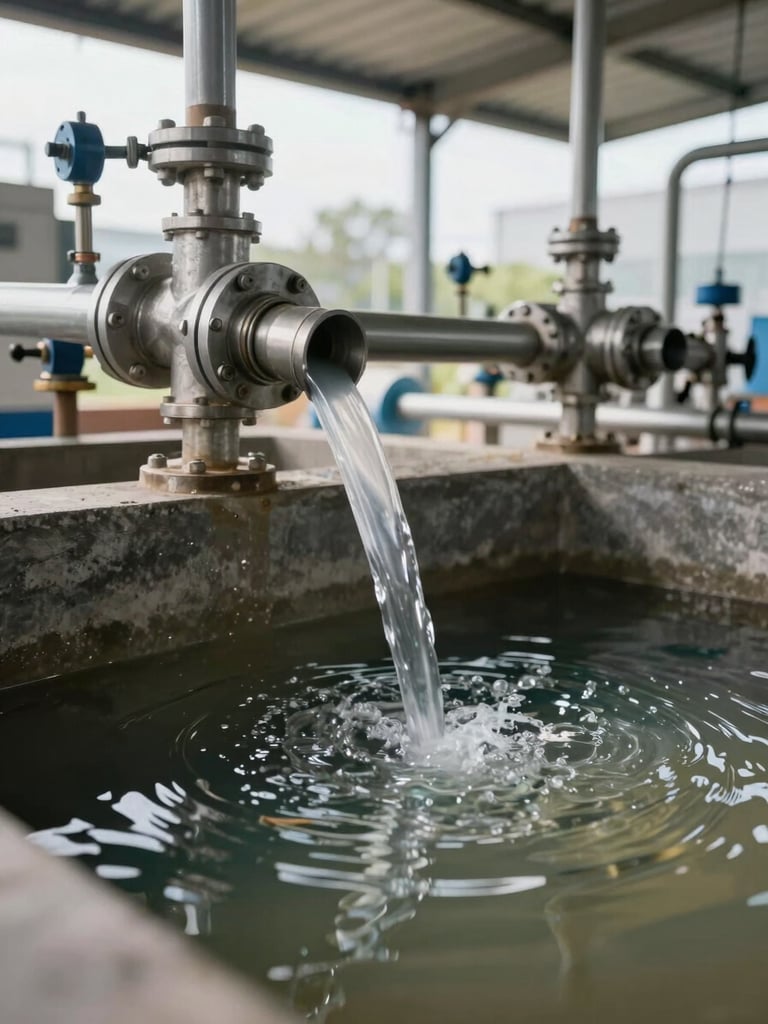Close-up medium shot of an industrial dosing line in active operation inside a treatment plant, chemical additive flowing through a transparent pipe section into a dark concrete tank, water surface in the tank showing a visible clarity gradient from turbid inlet to cleaner water, natural daylight entering from a corrugated roof above, steel fittings and pipe clamps in sharp focus, no people