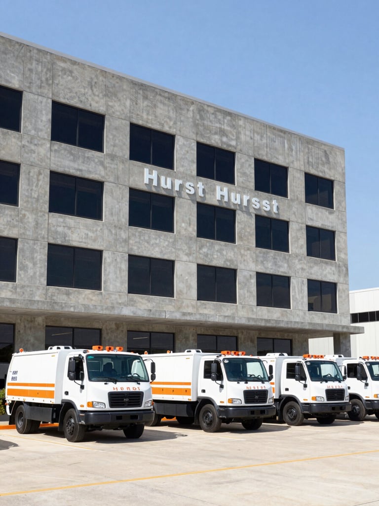 Wide shot of a professional industrial office headquarters in Hurst Texas, bright daylight, clean modern concrete facade, branded remediation fleet vehicles parked in front, sharp focus