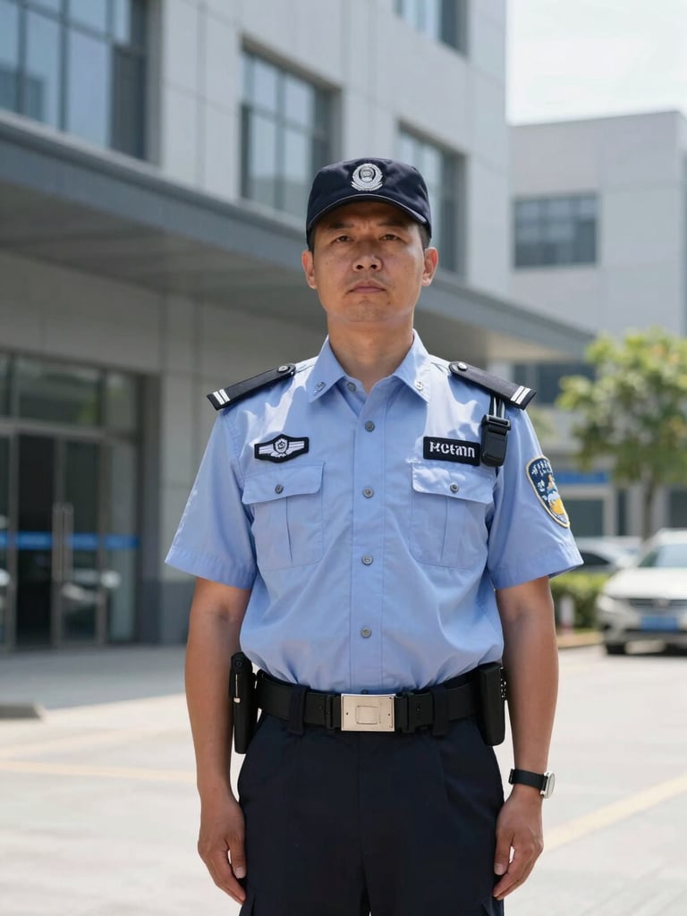 Crisp editorial photography of a professional security guard in a clean, sharp uniform standing in front of a modern commercial building in bright daylight