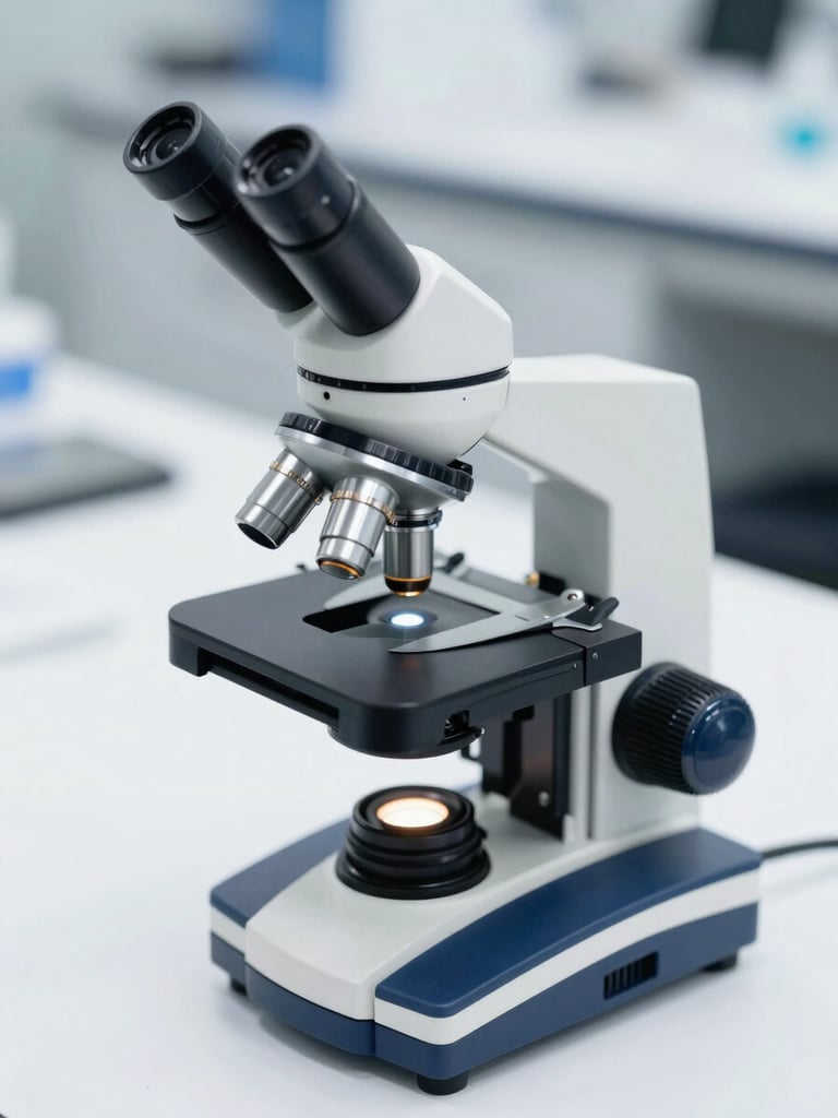 Macro shot of a modern microscope on a clean white laboratory table, bright diffused natural daylight, deep navy accents in the background.