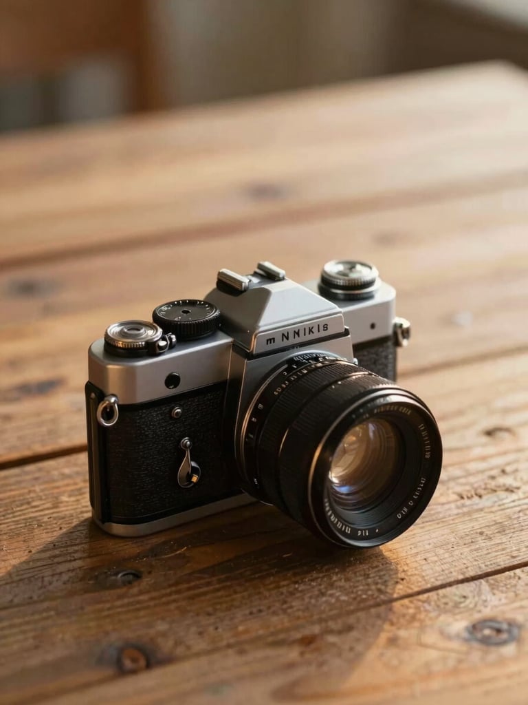 Close-up of a vintage 35mm film camera resting on a rustic wooden table, soft golden-hour light, warm editorial photography.
