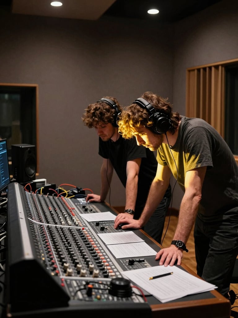 Panoramic interior of a recording studio: two musicians leaning over a mixing board, golden lamp light cutting across their faces from the right, cables and session notes on the desk, deep shadow behind them