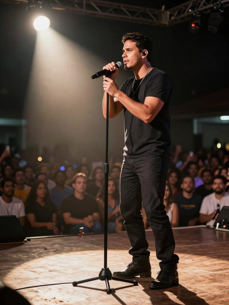 Wide vertical frame: sertanejo singer gripping a microphone stand under a single warm spotlight, dramatic stage shadows falling hard to the left, crowd blur in the deep background, close enough to see the focus in his eyes