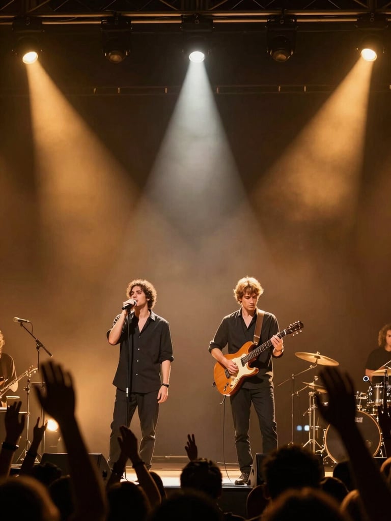 Wide panoramic stage shot, João Pedro and Giuliano performing under dramatic concert spotlights, one holding a microphone close, the other on guitar, warm amber and gold stage lighting cutting through deep shadow, shot from low angle looking up at the duo, crowd energy blurred in foreground, high-contrast cinematic framing