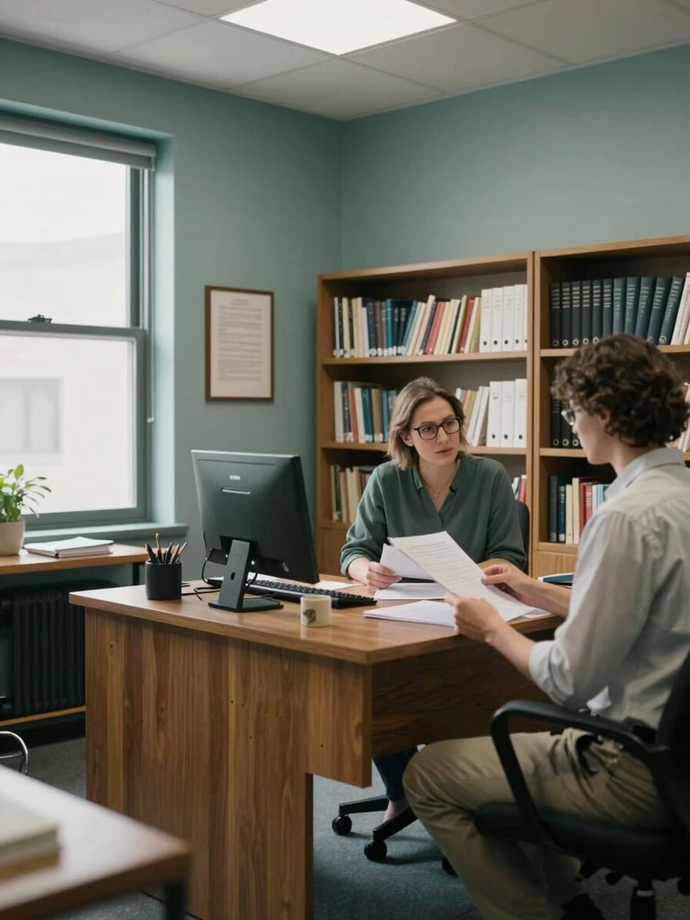 Wide interior shot of a therapy office, therapist seated at a wooden desk reviewing notes, not facing camera, bookshelves with clinical texts visible along the far wall, natural daylight entering through a large window to the left, muted teal and neutral tones, documentary framing