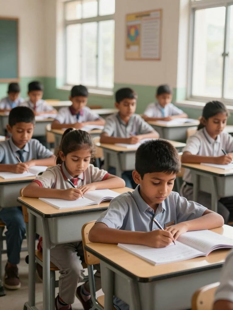 Bright classroom in Rajasthan with primary school children participating in a lesson, natural window light, structured educational setting