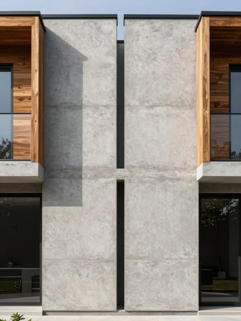 Symmetrical architectural elevation of a modern residence, raw concrete wall meeting warm timber panels, bright natural daylight, crisp shadows, high-resolution architectural photography