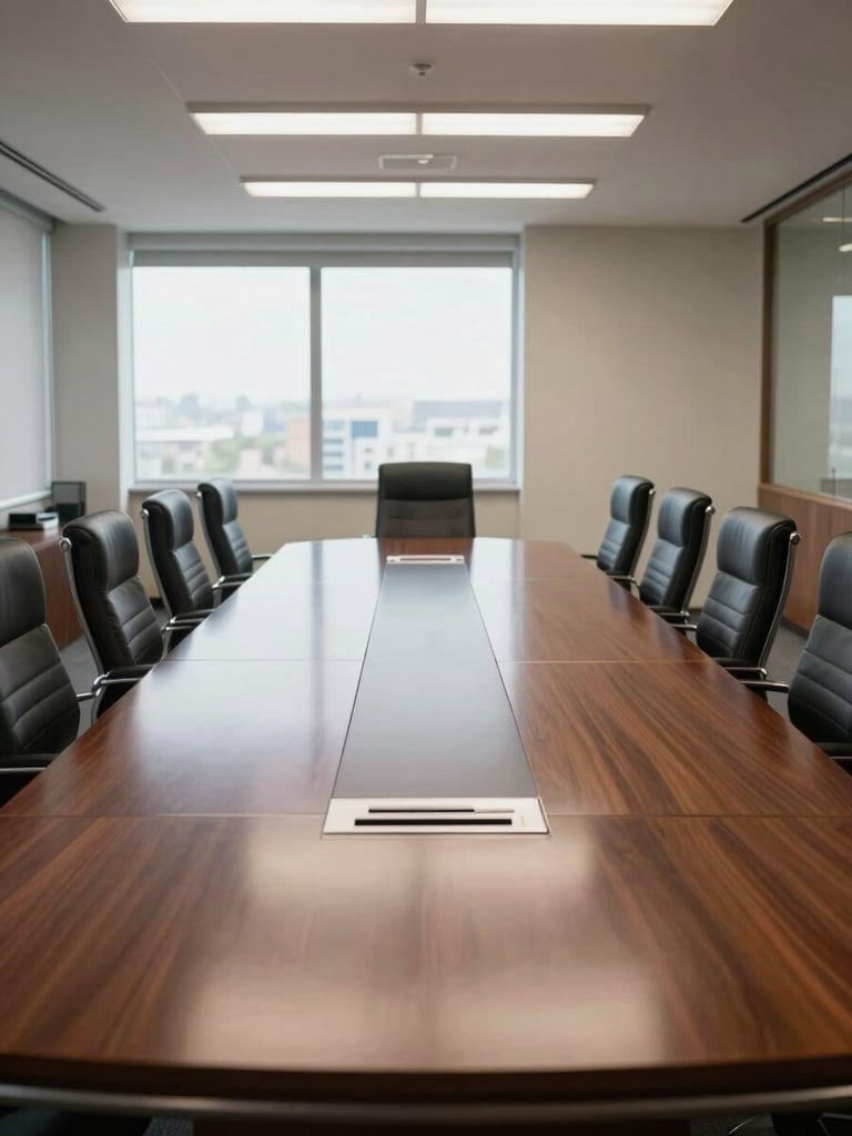 Straight-on organized view of an immaculate corporate boardroom, polished dark wood table, perfectly aligned chairs, bright daylight illuminating a spotless professional environment.
