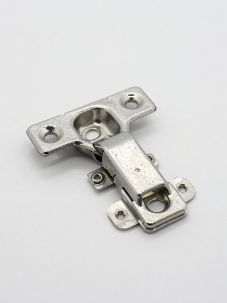 Close-up high-key product photography of a heavy-duty metal hinge mechanism, clean neutral studio background, crisp natural light, sharp focus, 50mm