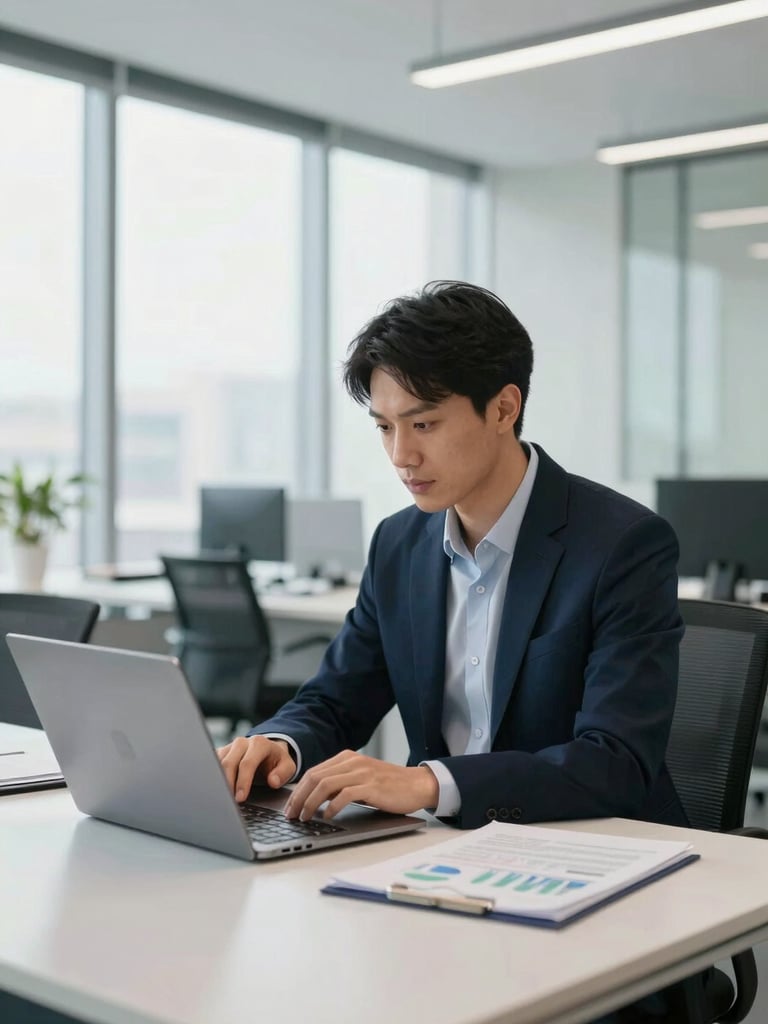 Professional businessman in a suit working on a laptop at a modern office desk with financial charts.