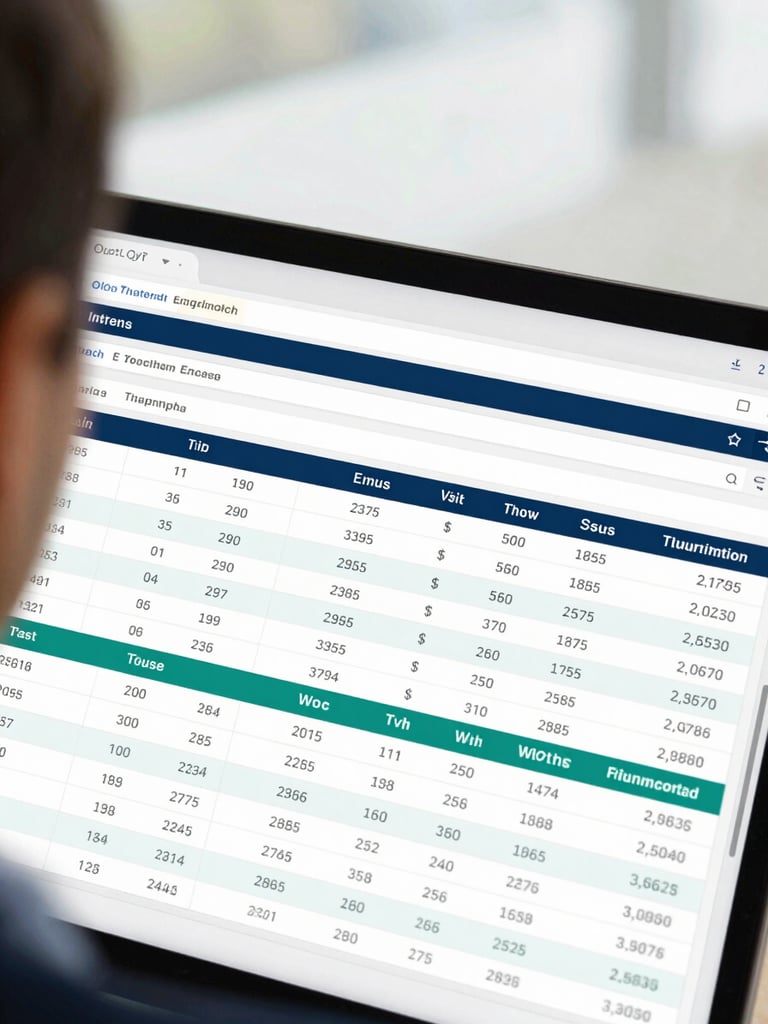 Close-up over the shoulder of a professional analyzing energy data on a clear spreadsheet, natural daylight, crisp corporate photography.