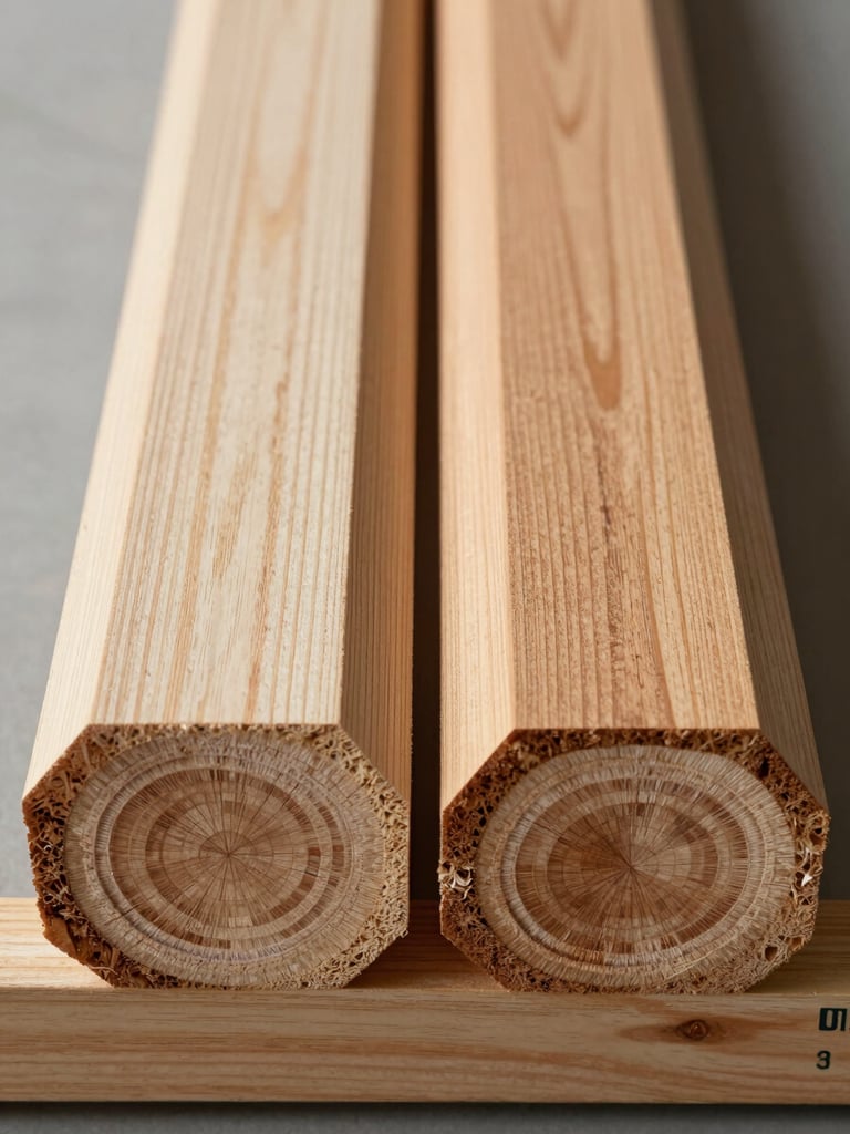 Extreme close-up overhead flat-lay of cross-section ends of bundled hardwood planks — pale alder and warm aspen side by side, grain rings clearly visible, shot under bright even neutral studio light, a timber dimension label partially visible at bottom edge