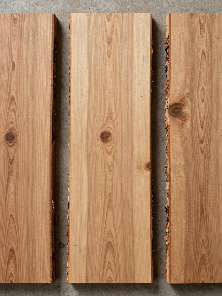 Extreme close-up overhead flat-lay of rough-sawn hardwood cross-sections arranged side by side on a concrete surface, even neutral daylight rendering grain pattern and annual ring detail accurately, three or four different section sizes visible, no text or labels