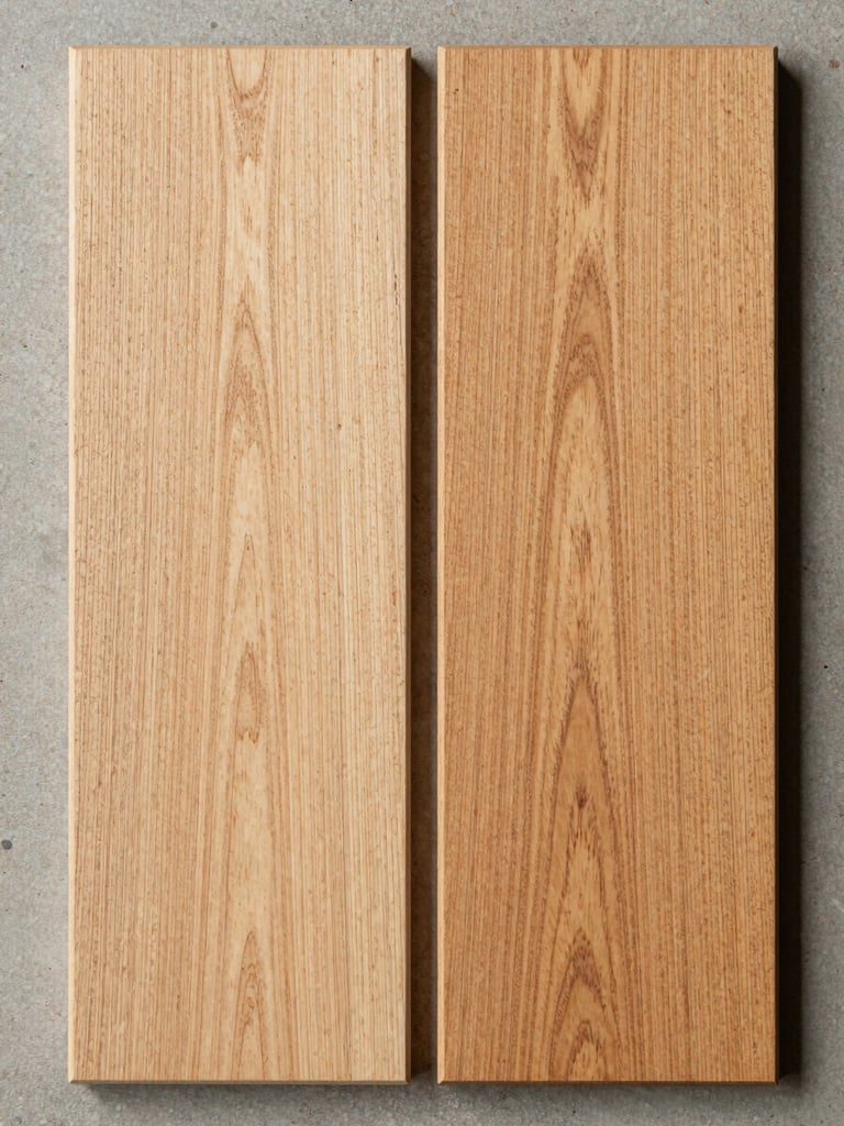 Extreme close-up overhead flat-lay of two hardwood plank samples side by side — pale fine-grained alder on the left and slightly warmer aspen on the right — on a clean concrete surface, even studio daylight rendering grain and surface texture accurately, no people, no tools, no text overlays