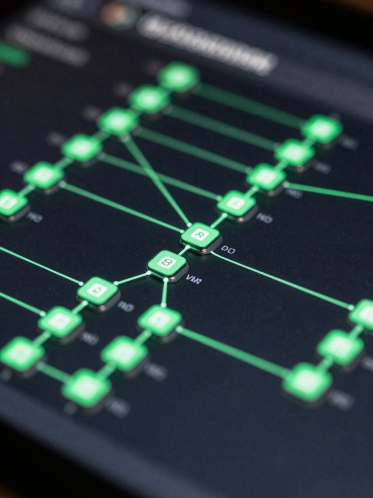 Macro-focused UI close-up of active n8n automation nodes, sharp green glowing lines connecting data paths on a dark terminal screen.