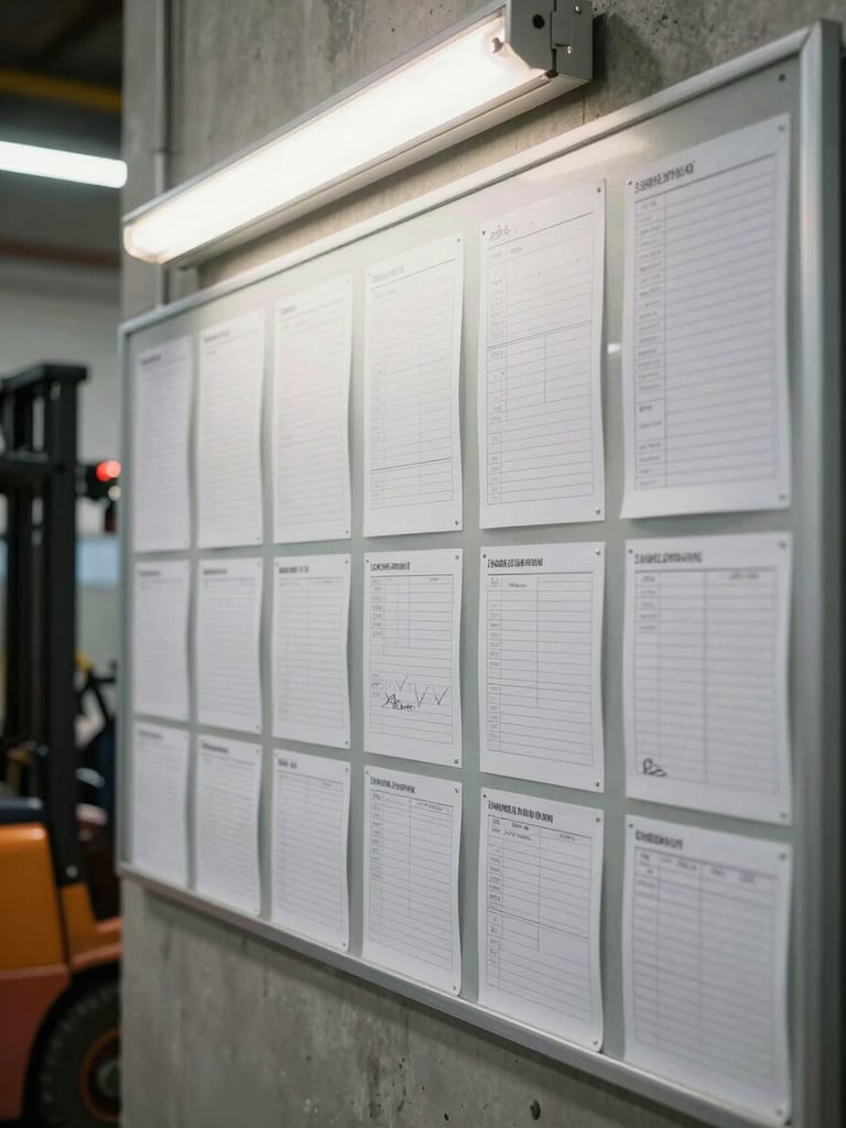 Close environmental shot inside a distribution facility — a route dispatch board covered in printed manifests and handwritten zone markings, fluorescent light from above, the edge of a forklift visible at the far left, concrete wall in background, no people