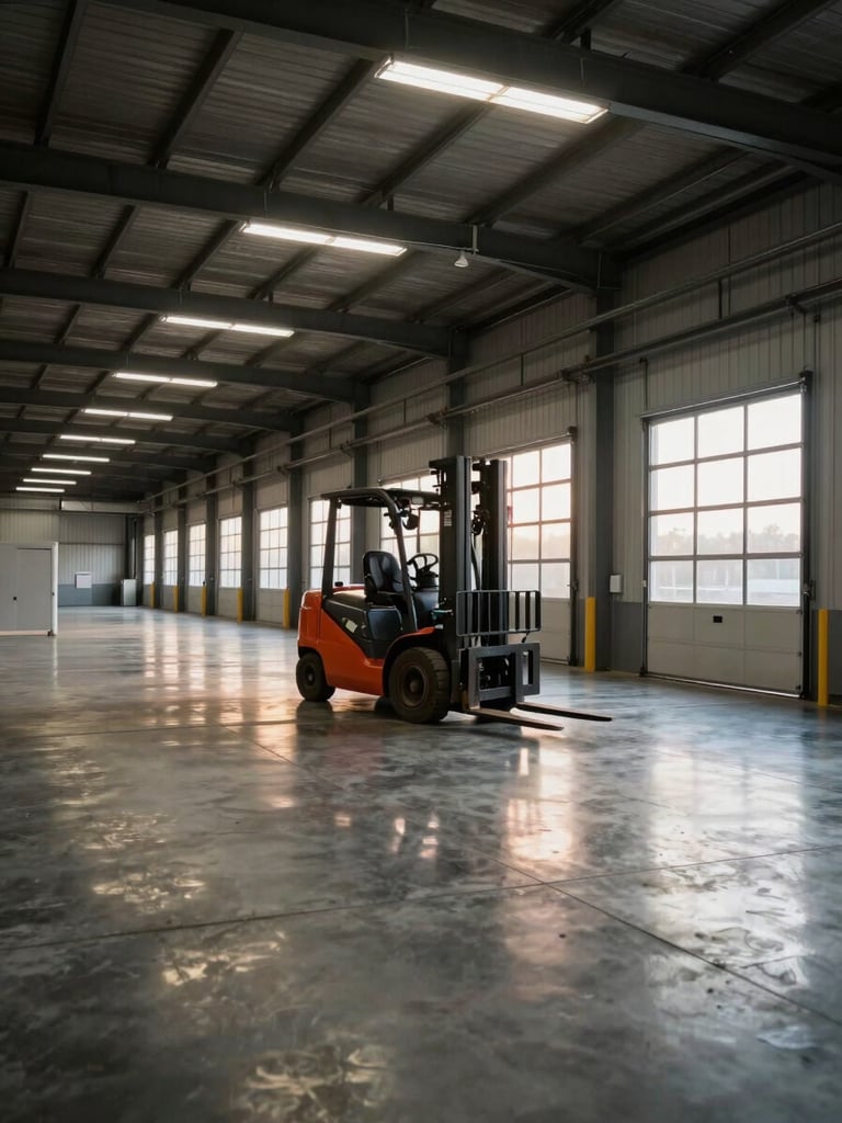 Wide environmental shot inside a large distribution facility, late afternoon light streaming through bay doors at far right, a single forklift moving through an empty aisle, concrete floor reflecting overhead fluorescents, scale and depth visible