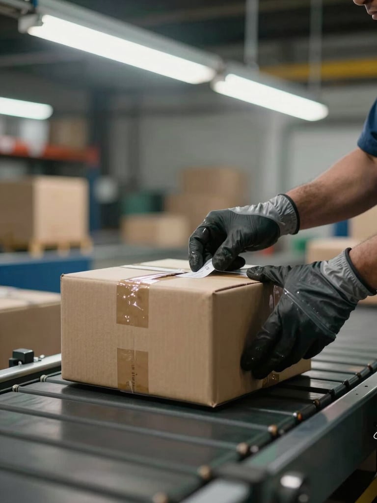 Close-up of a warehouse workflow in motion—a single package on a conveyor belt under overhead fluorescent light, a worker's gloved hands adjusting a label, quiet industrial detail in the background