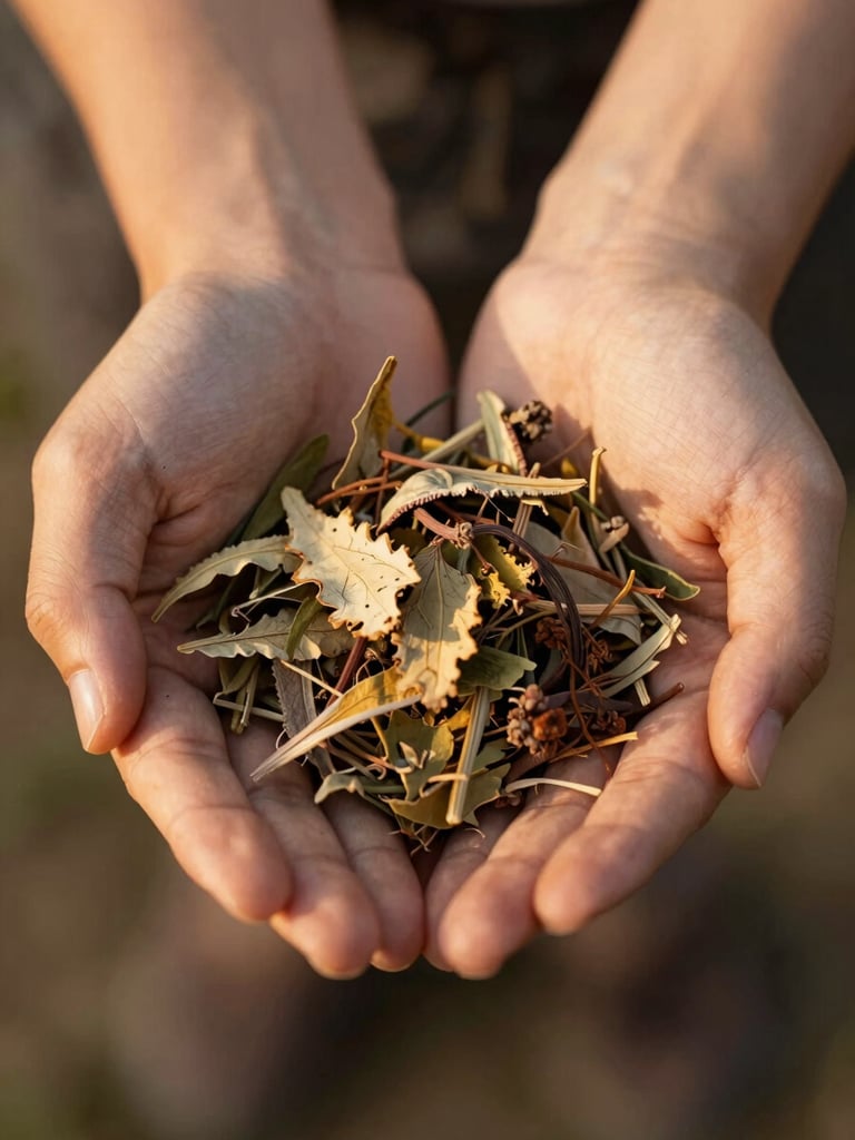 A close-up of warm hands gently holding dried mountain herbs and botanical leaves, soft side-lit golden hour light, shallow depth of field