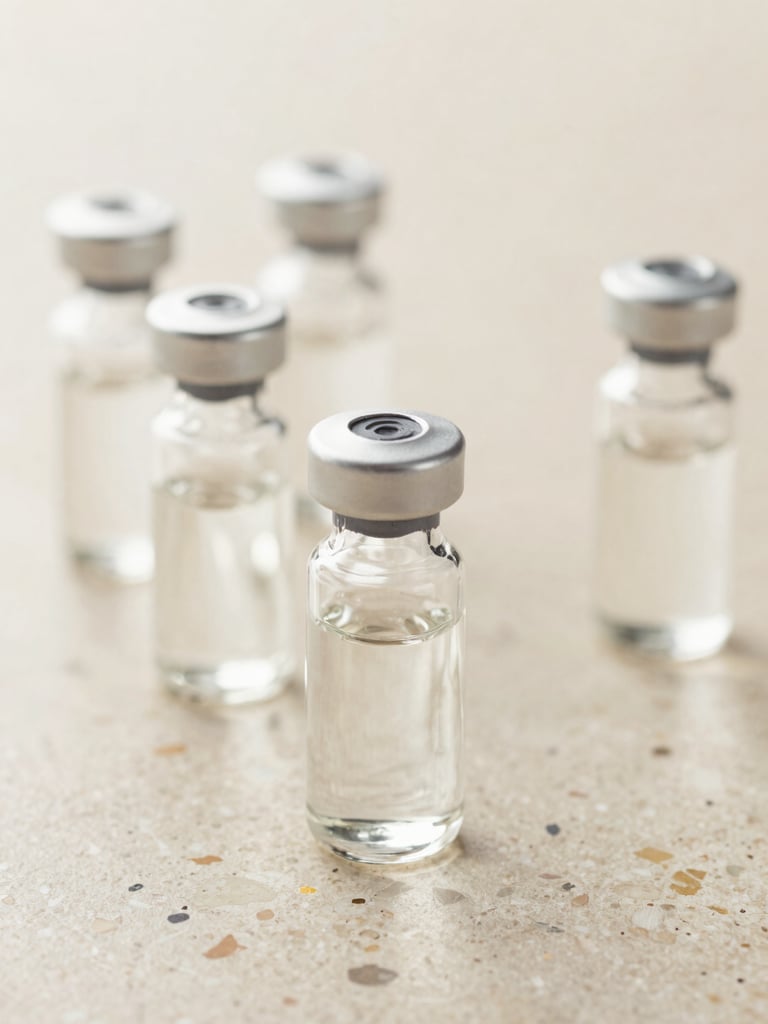 Macro shot of pristine clinical glass vials on a warm travertine stone surface, soft diffused daylight, elegant pharmaceutical packaging, 35mm