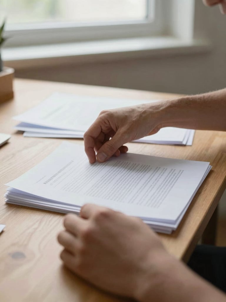 Close-up of hands organizing physical documents on a clean wooden desk, soft natural daylight from a window, realistic textures, 35mm lens