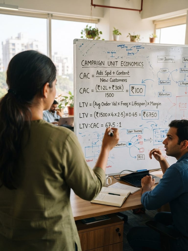 An over-the-shoulder shot of a whiteboard in a sunlit Ahmedabad office, covered in hand-written campaign unit economics math, CAC and LTV equations, bright natural daylight, 35mm.
