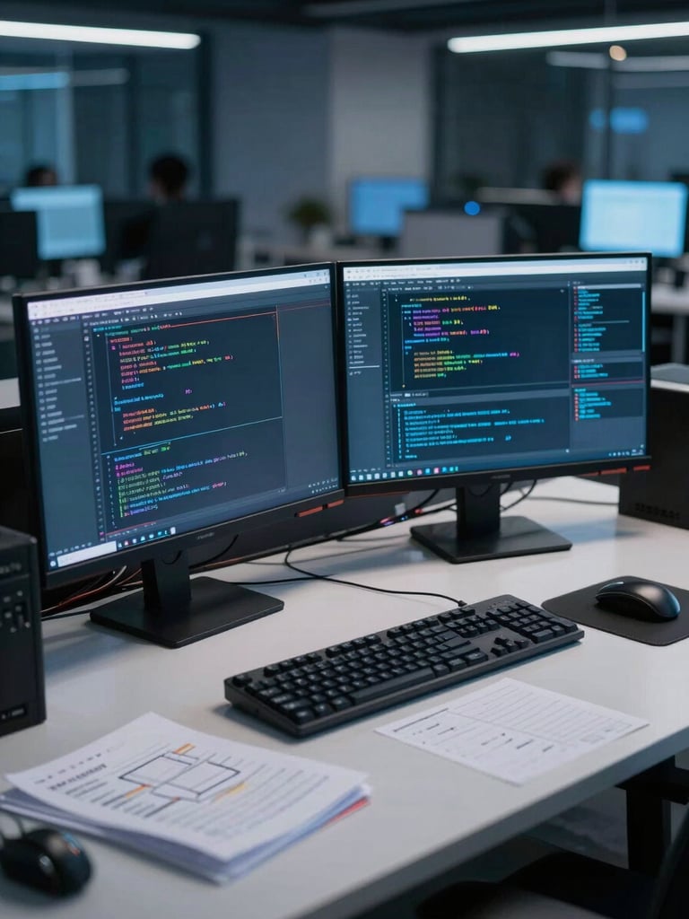 Wide-angle view of a modern technical workspace at night, two monitors displaying code and an AI dashboard side by side, cool blue ambient lighting from screens, organized desk with engineering notes, shallow depth of field