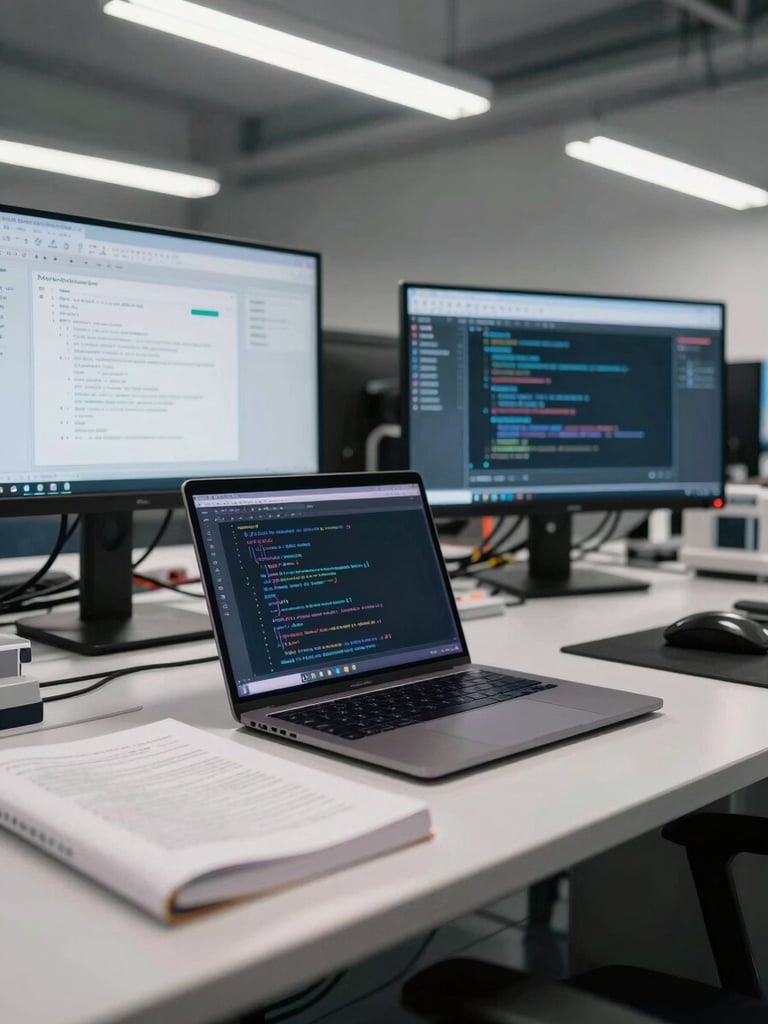 Wide shot of a clean engineering study environment — an open laptop showing a Python notebook, a technical textbook beside it, a second monitor with an AI tool interface, overhead fluorescent lighting, organized cables, no people in frame, calm and methodical atmosphere