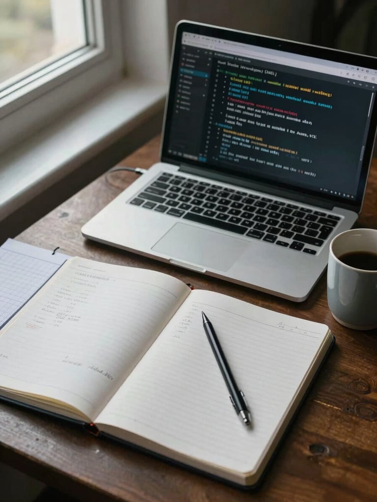 Overhead shot of an organized engineering study setup — open technical notebook, laptop showing a machine learning framework, a stylus, graph-paper pad, and a ceramic mug, cool natural window light from the left, no people visible, calm and methodical