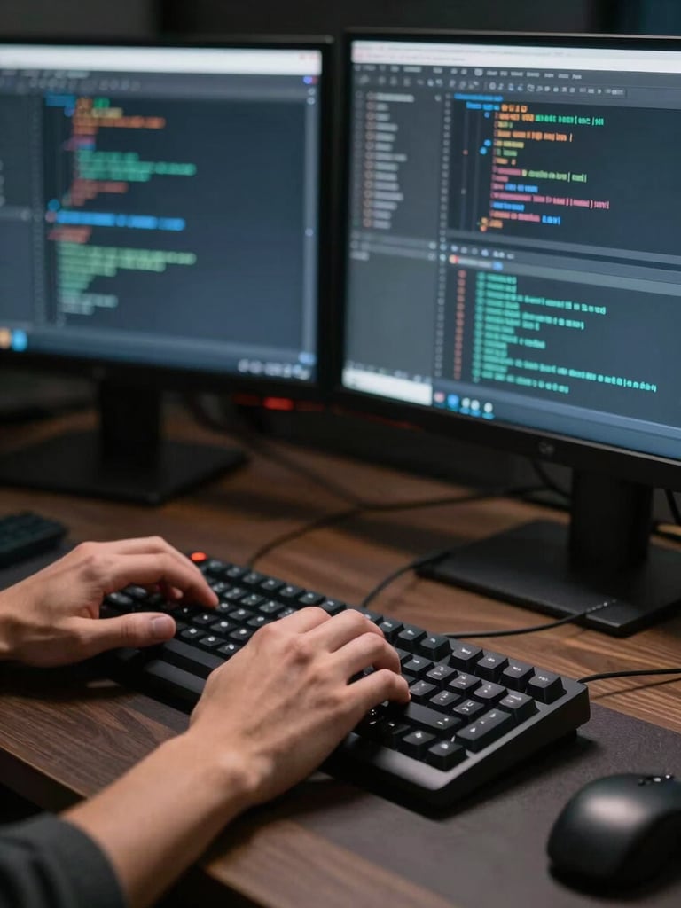 Close-up of a young man's hands resting on a mechanical keyboard in a dark technical workspace, two monitors visible in soft focus behind him displaying code editor and a dashboard interface, cool desk lamp casting directional light on the setup, precise and calm