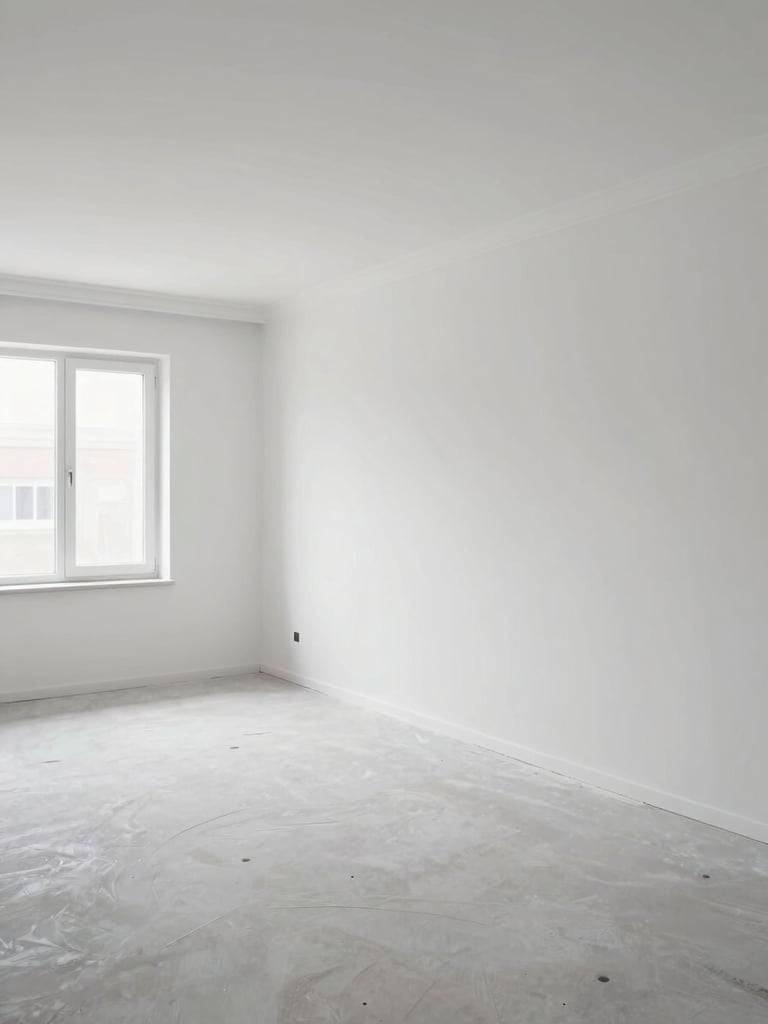 Wide panoramic view of a freshly painted modern living room interior, right side of frame, crisp white walls with immaculate corner trim visible, natural north-facing window light, empty room post-completion, no people, clinical documentary framing