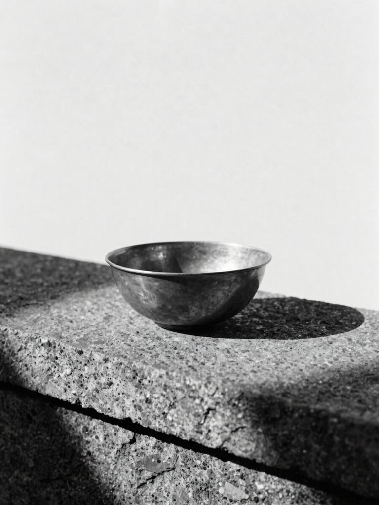 Minimalist monochrome photography of a single brass bowl on a raw stone ledge, stark natural light from the side, deep black shadows, 35mm