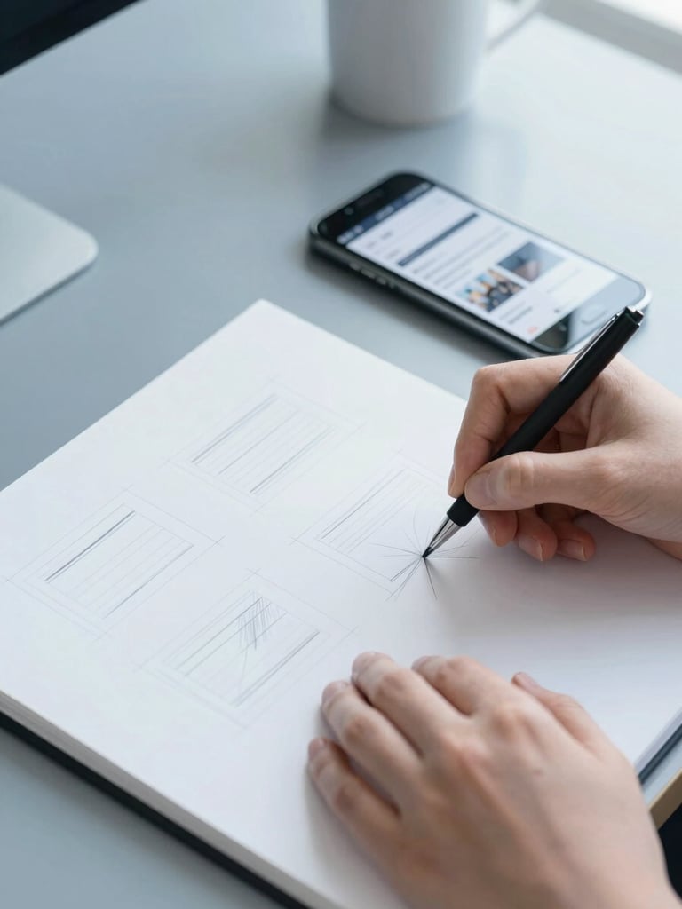 Hands sketching wireframes on a clean paper pad next to a smartphone showing a live website layout, bright daylight, cool blue tones, 35mm.