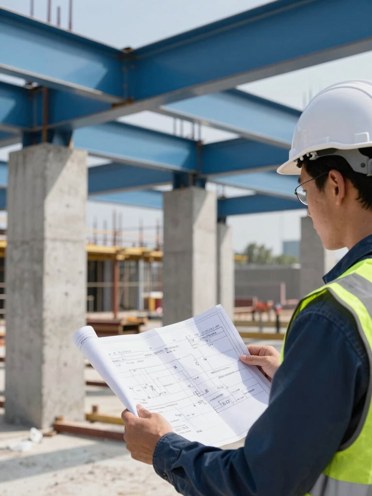 Close-up of a professional engineer wearing a safety vest examining blueprints on an active construction site, concrete pillars and steel beams in the background, bright daylight.