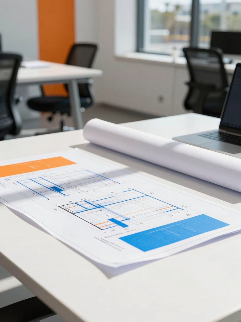 Bright sunlit workspace in Florida, clean architectural lines, modern white collaborative table with orange and blue design blueprints, sharp daylight shadows