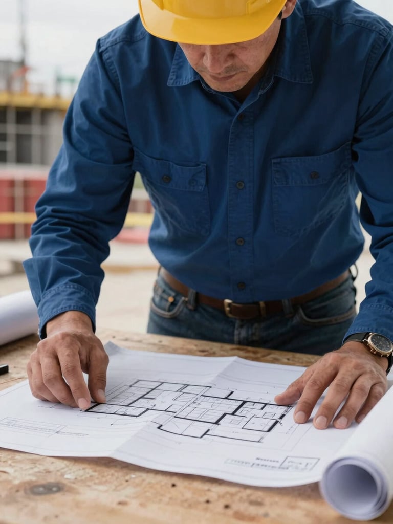 A close-up of a construction site manager reviewing architectural blueprints on a wooden table, overcast natural daylight, professional grit