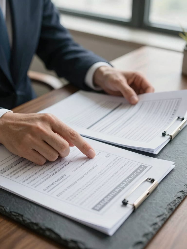 Close-up of hands reviewing physical financial reports on a dark slate table, soft window light, professional and rigorous atmosphere.