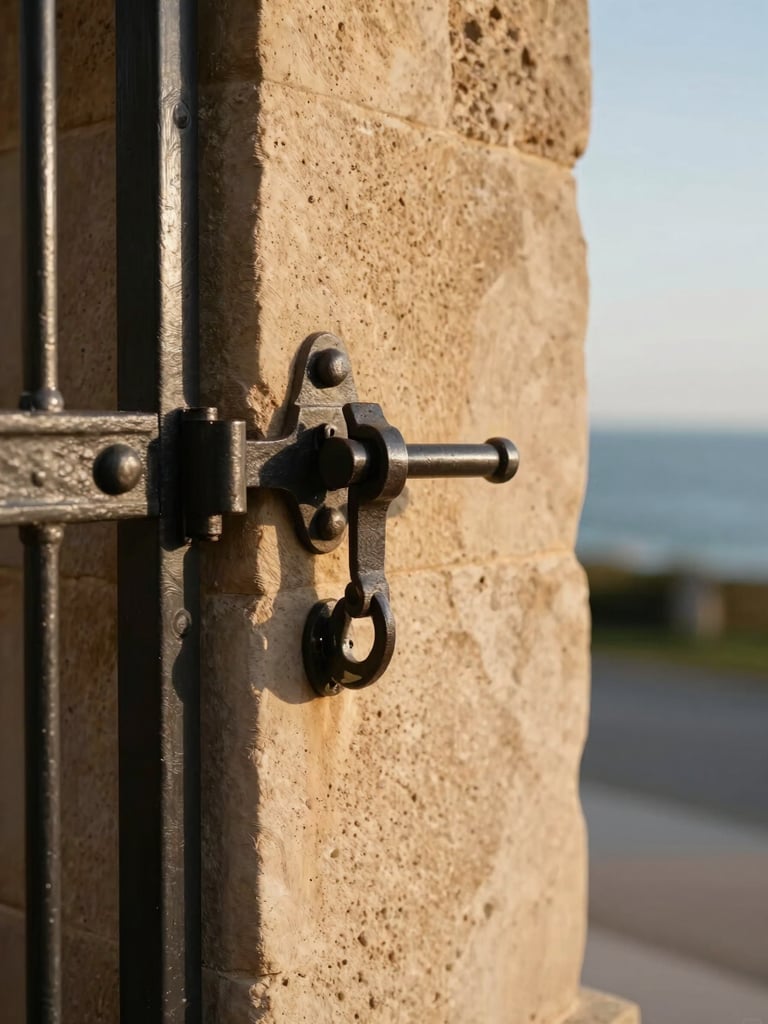 Close architectural detail of a heavy iron gate latch and stone pillar at a coastal estate entry, late afternoon side-lighting casting a long shadow across sand-colored stone, shallow depth of field, no people
