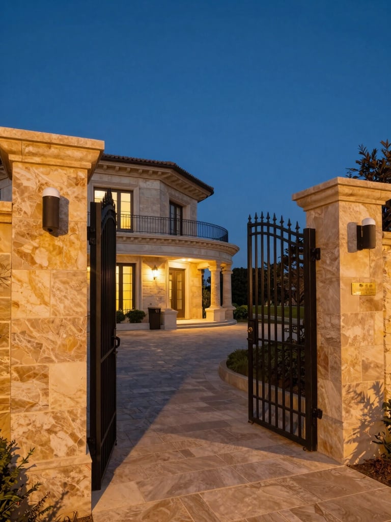 Wide architectural shot of a coastal estate's main entry gate at dusk, iron gates slightly ajar revealing a stone driveway, security camera mounted on pillar visible in the foreground left, warm amber light raking across stone surfaces, deep blue sky above