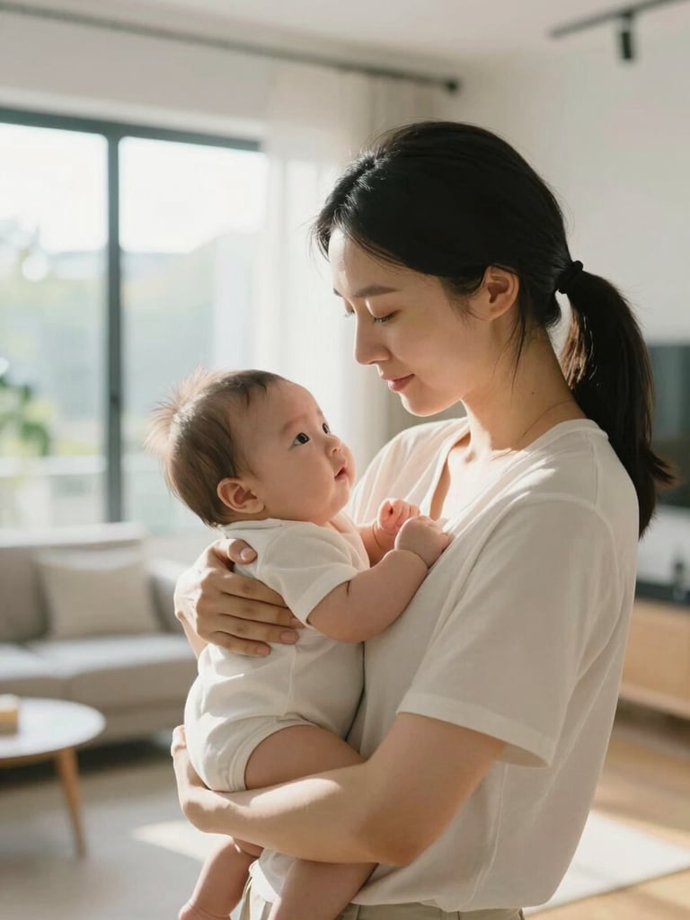 A calm mother holding her baby securely in a bright, sunlit modern living room, soft natural daylight, peaceful atmosphere.